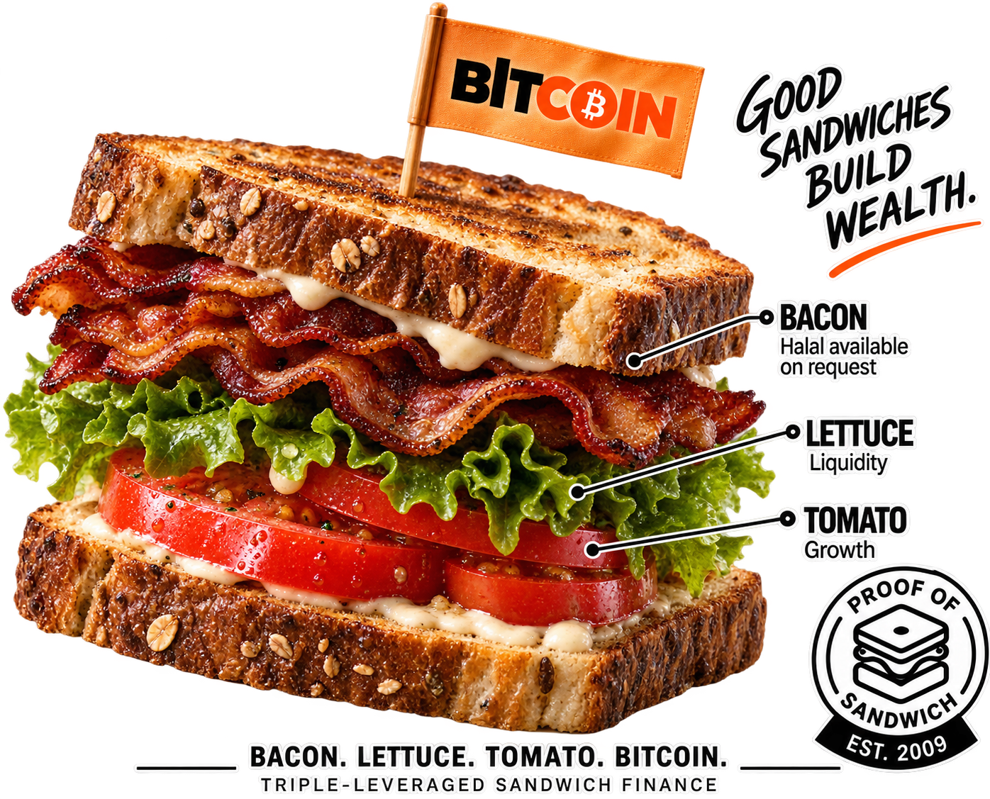 Annotated BlTCOIN sandwich: Bacon, Lettuce, Tomato, Proof of Sandwich established 2009