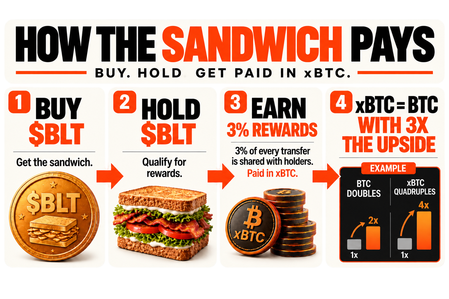 How the Sandwich Pays: buy BLT, hold BLT, earn 3 percent rewards paid in xBTC, and xBTC offers three times the Bitcoin upside in the simplified example